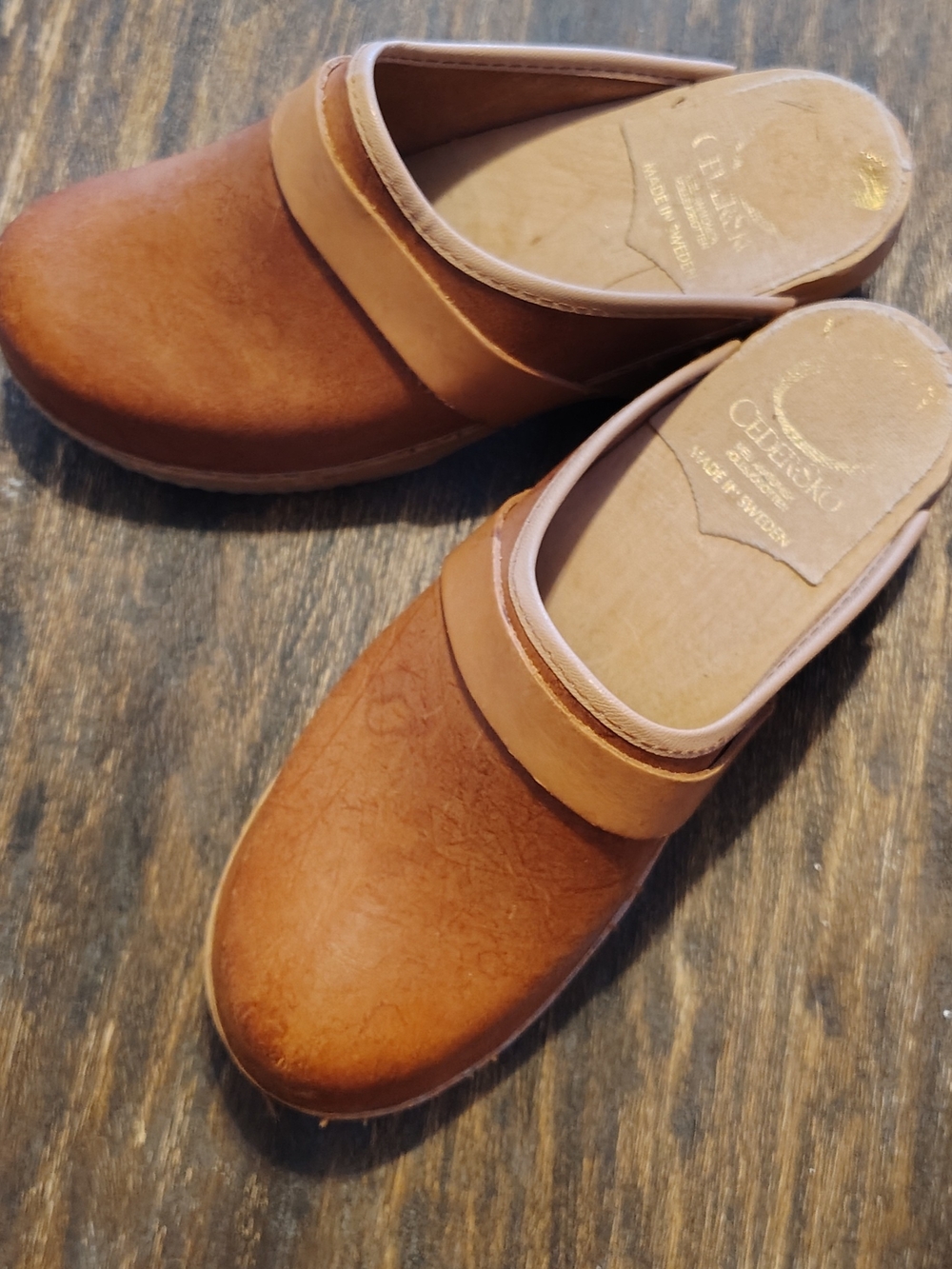 Authentic Handmade Swedish Wooden CognacTan Leather SlipOn Clogs Boho Minimalist